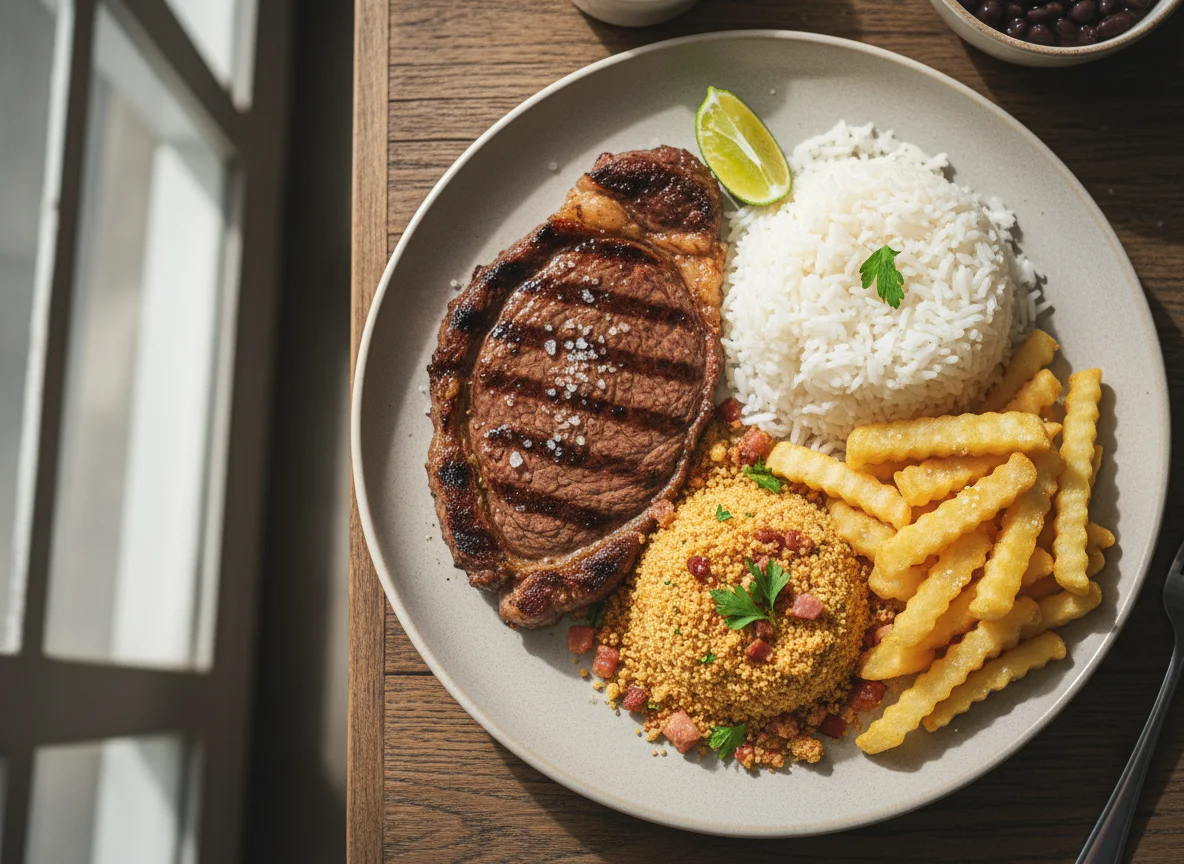 Prato feito com carne, arroz, farofa e batata frita photo