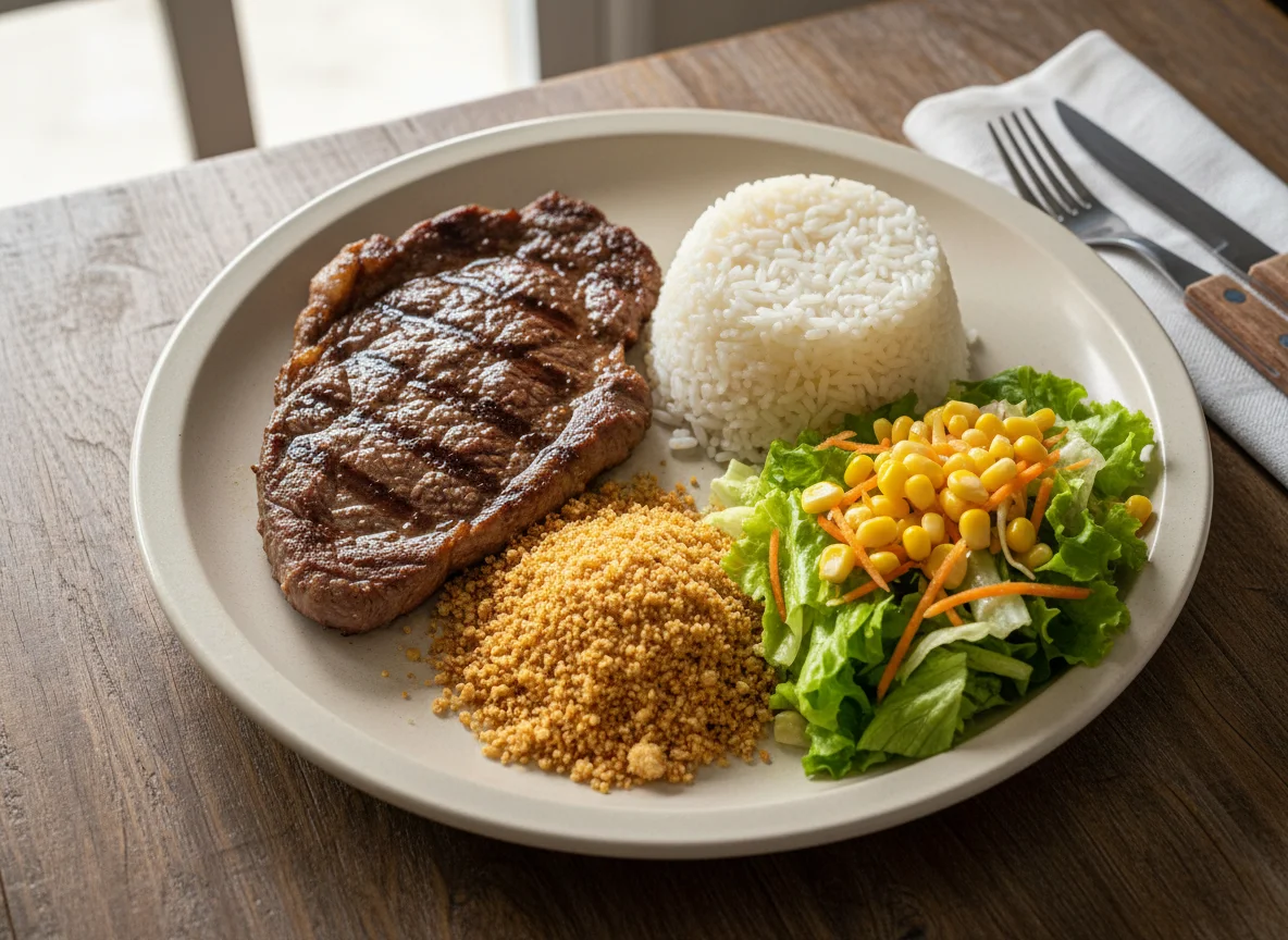 Prato feito com carne, arroz, farofa e salada photo