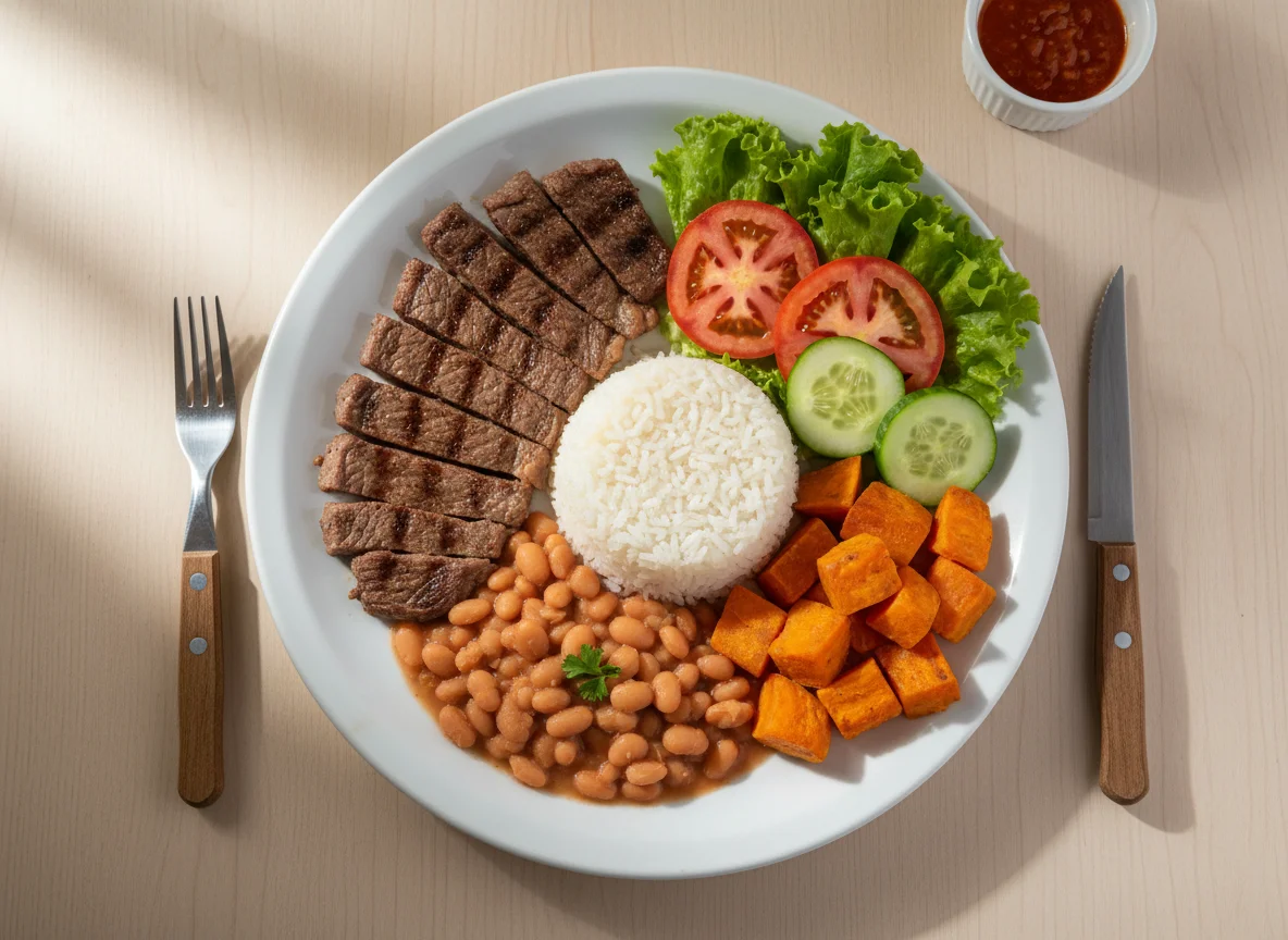 Prato feito com carne, arroz, feijão, batata doce e salada photo
