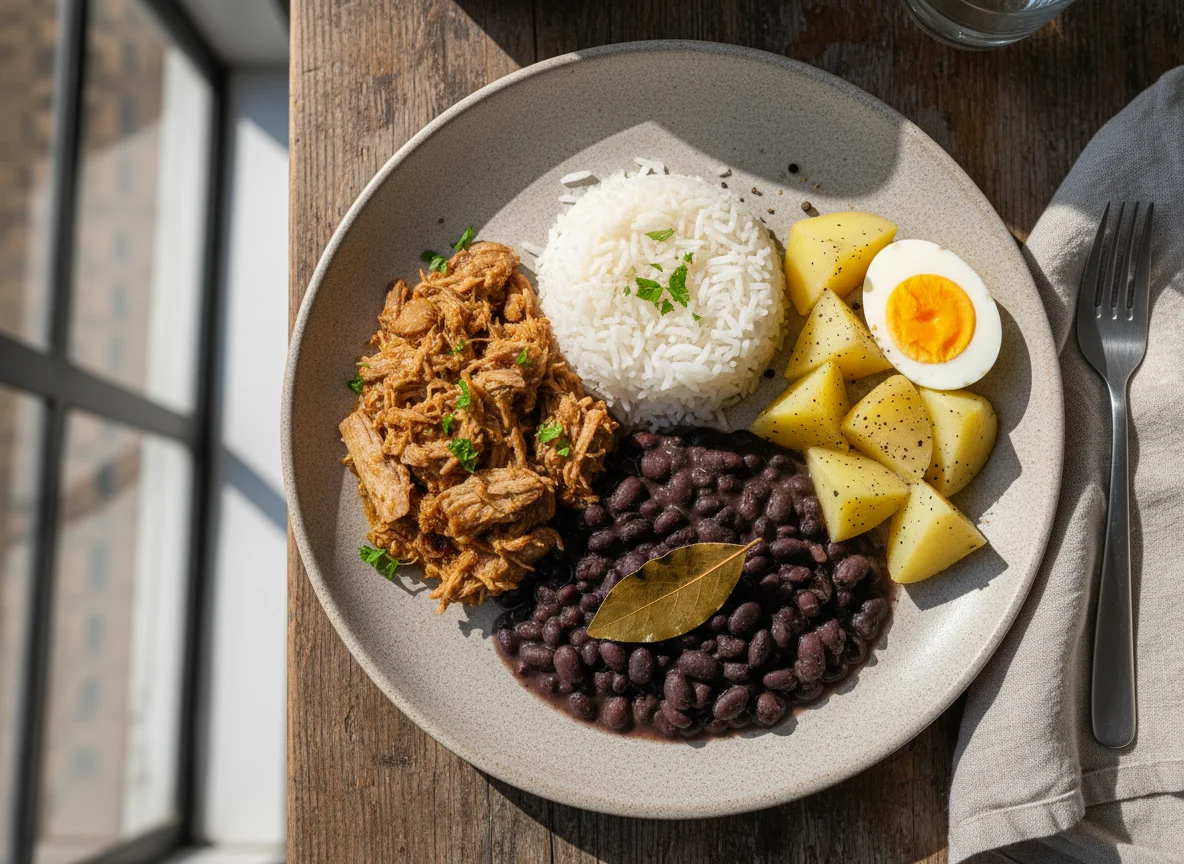 Prato feito com carne, arroz, feijão, batata e ovos photo