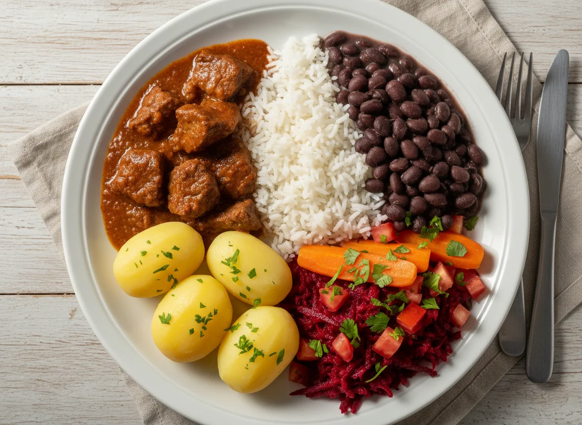 Prato feito com carne, arroz, feijão, batata e salada photo