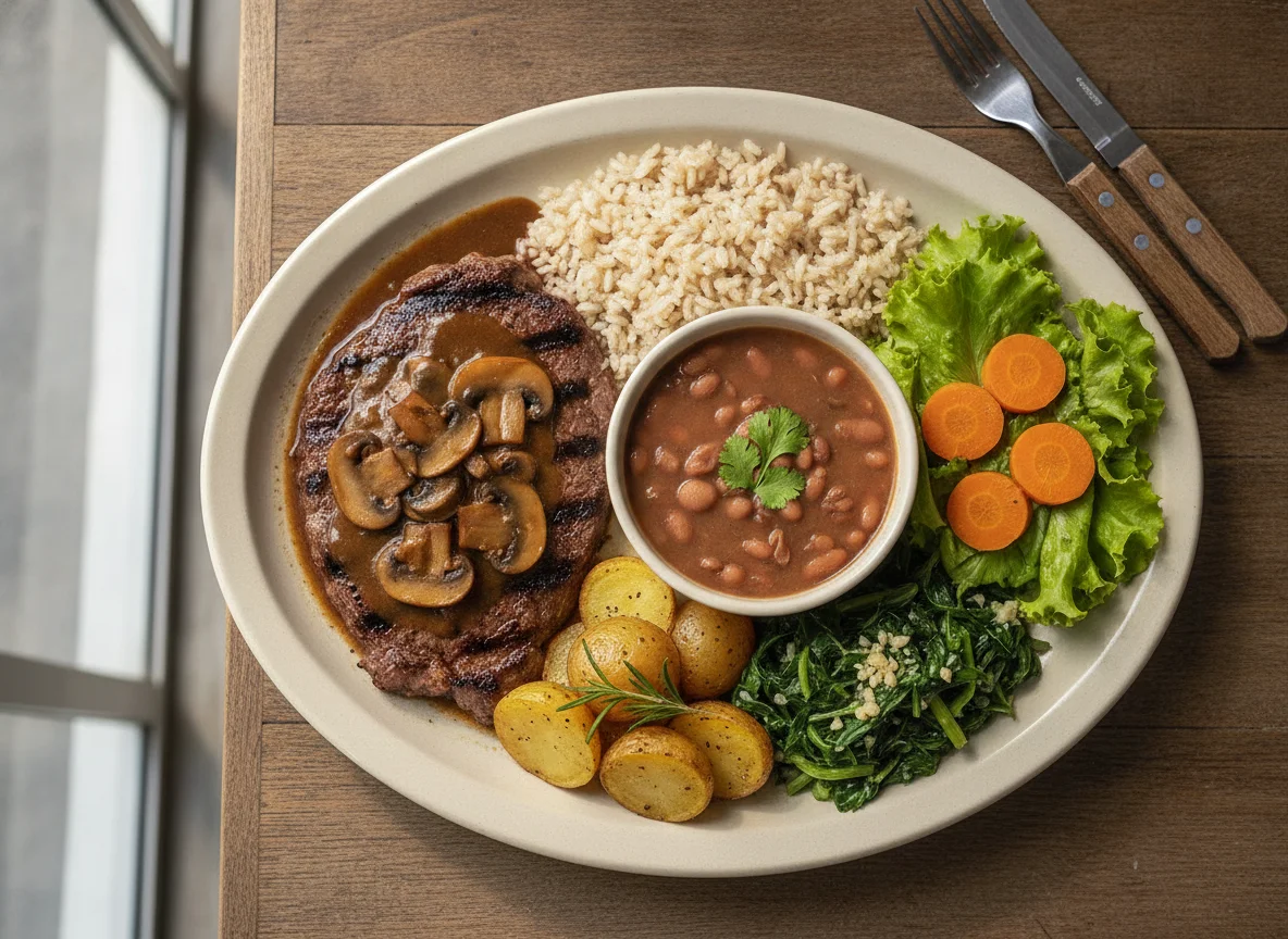 Prato feito com carne, arroz, feijão, batatas e salada photo