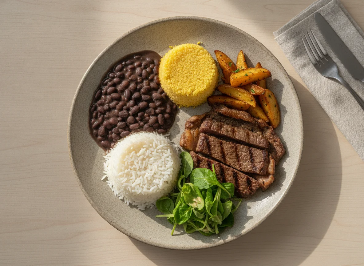 Prato feito com carne, arroz, feijão, cuscuz e batata assada photo