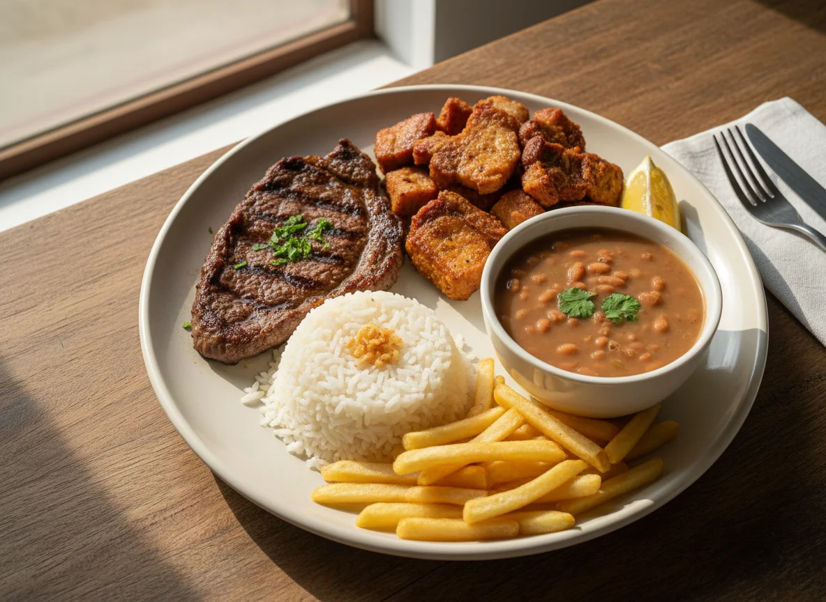 Prato feito com carne, arroz, feijão e batata frita photo