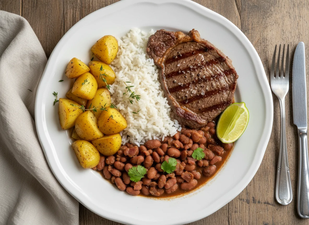 Prato feito com carne, arroz, feijão e batatas assadas photo