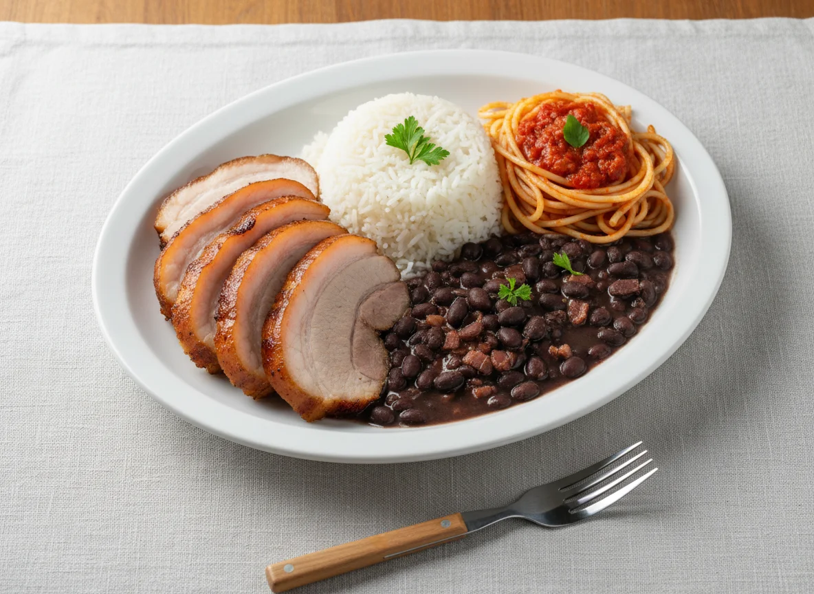 Prato feito com carne, arroz, feijão e macarrão photo