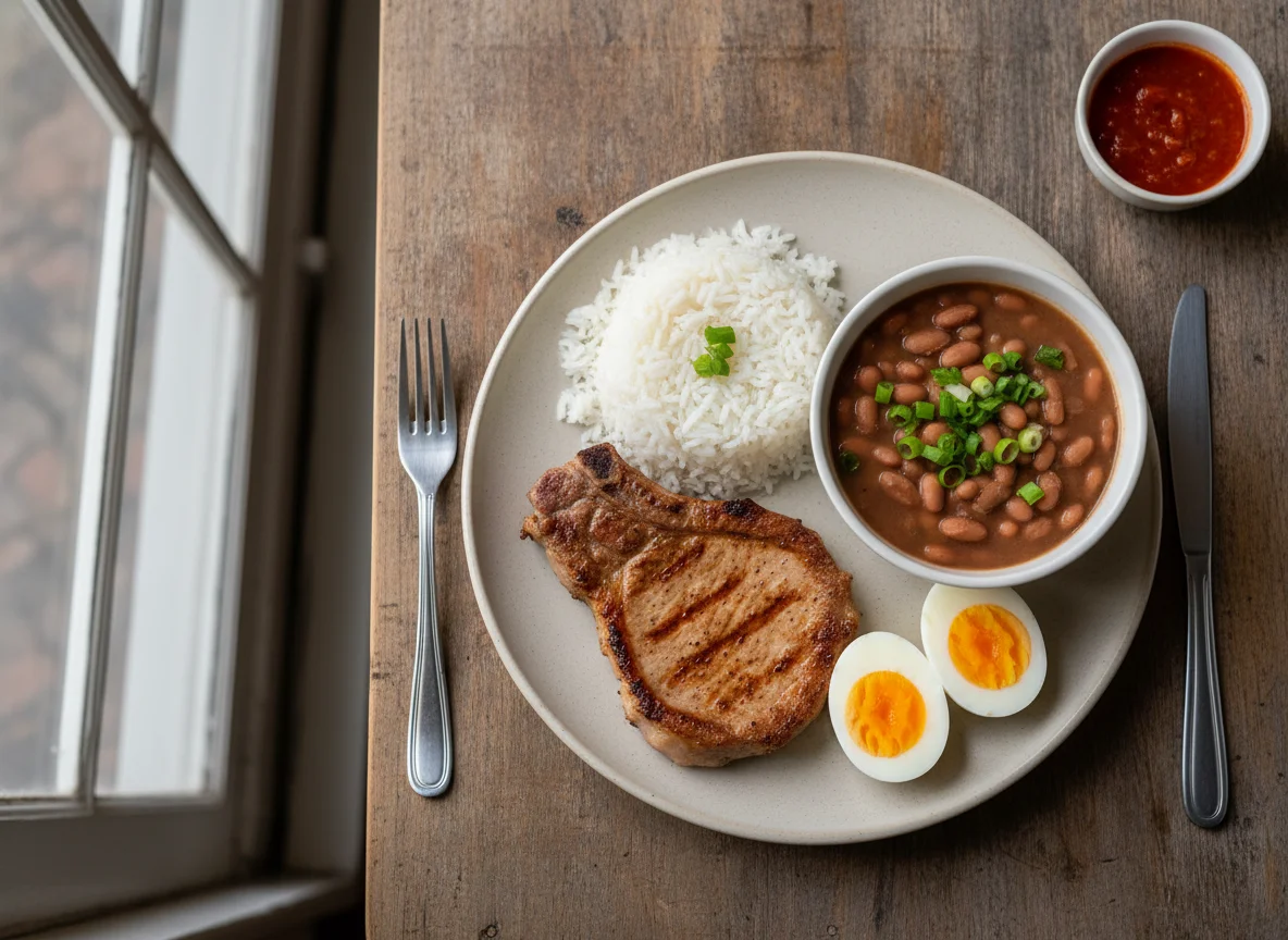 Prato Feito com Carne, Arroz, Feijão e Ovos Cozidos photo