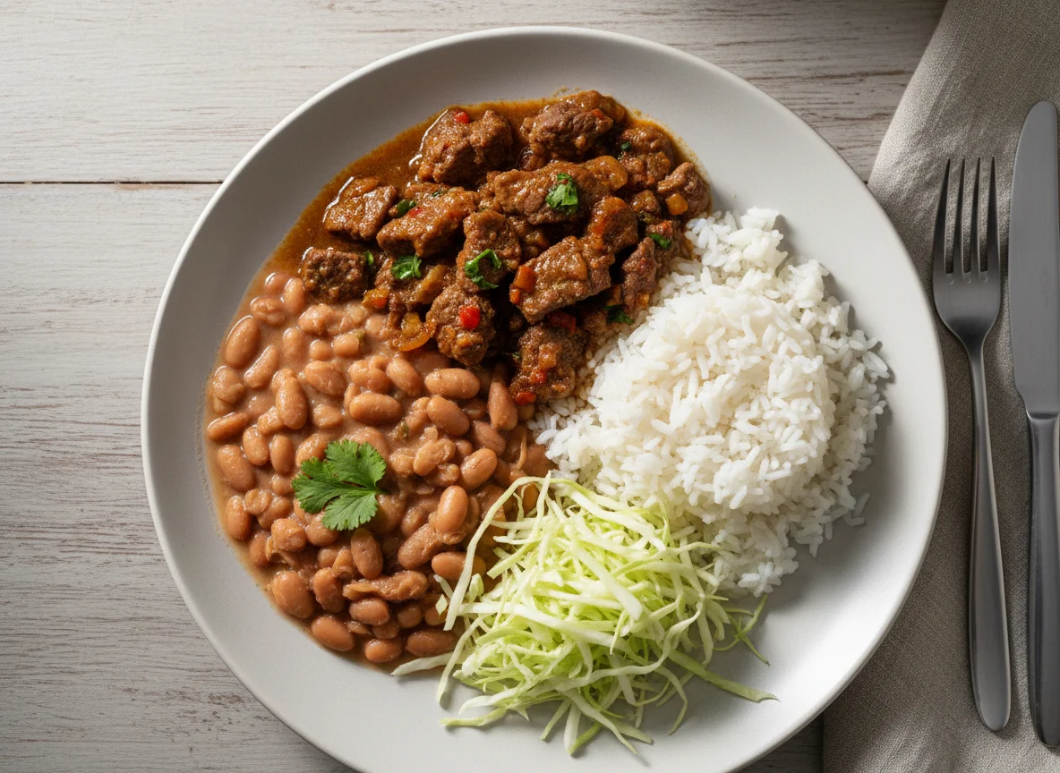 Prato feito com carne, arroz, feijão e repolho photo