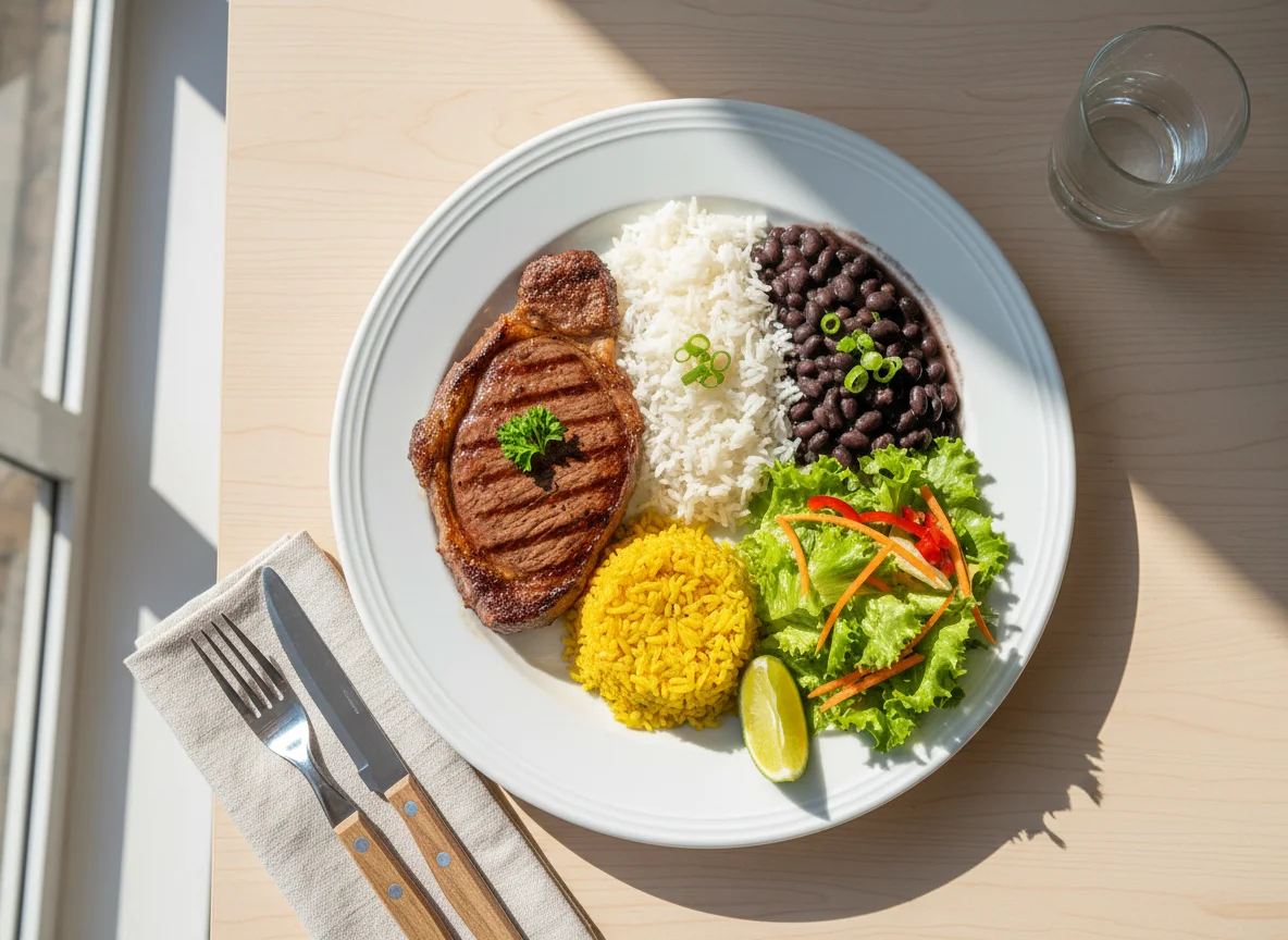Prato feito com carne, arroz, feijão e salada photo