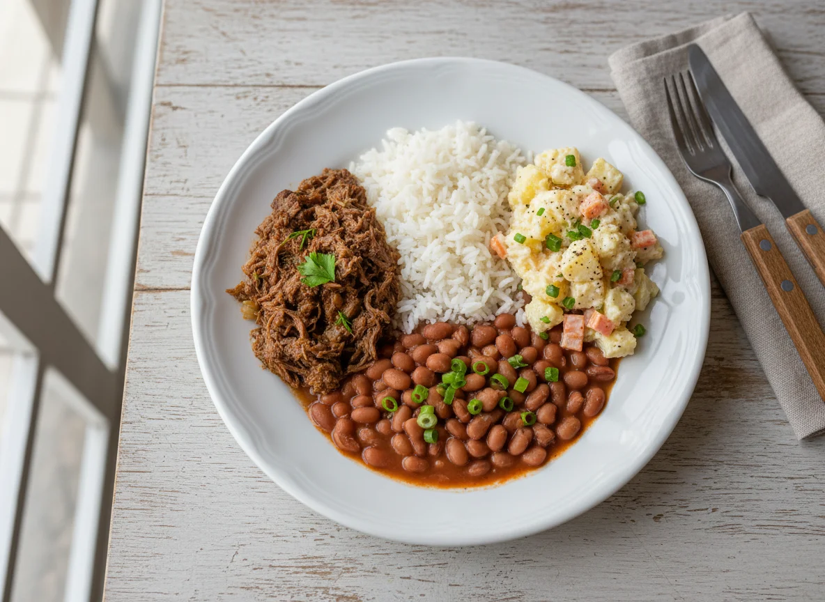 Prato feito com carne, arroz, feijão e salada de maionese photo