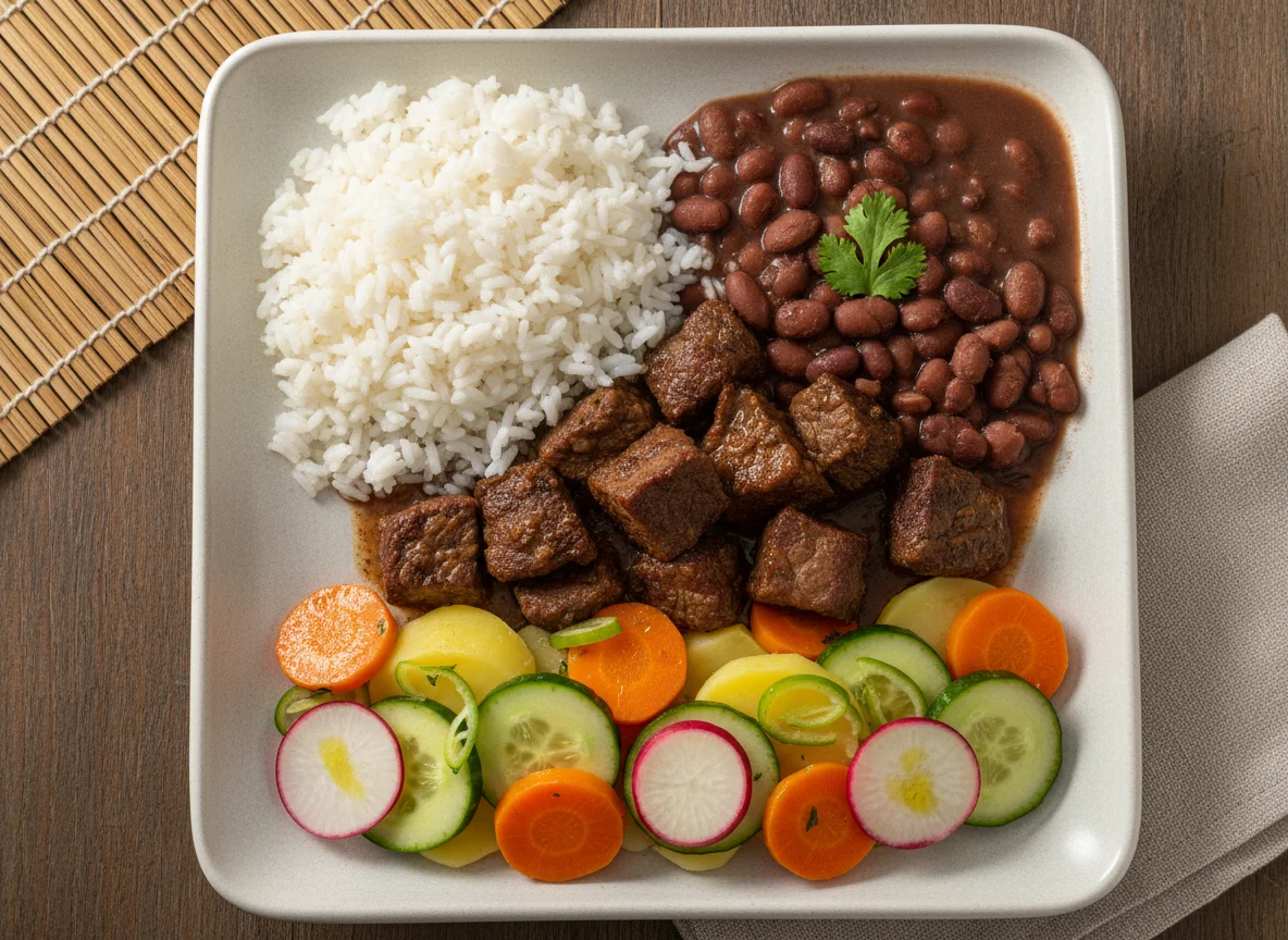 Prato feito com carne, arroz, feijão e saladas photo