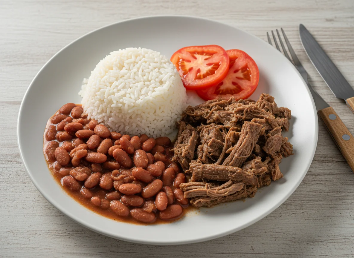Prato feito com carne, arroz, feijão e tomate photo