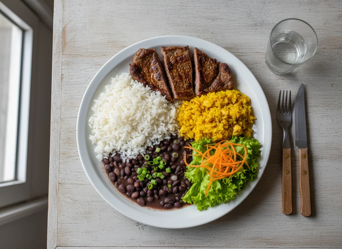 Prato feito com carne, arroz, feijão, frango desfiado e salada photo