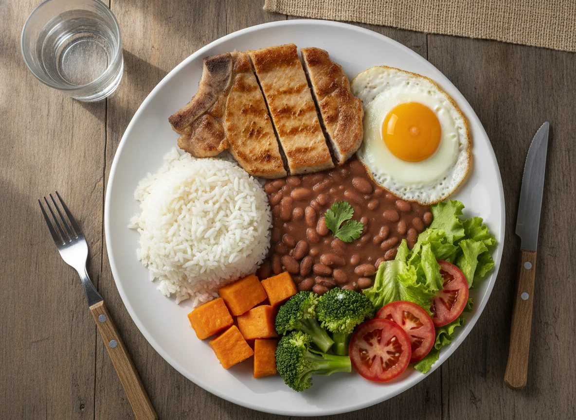 Prato feito com carne, arroz, feijão, ovo e legumes photo