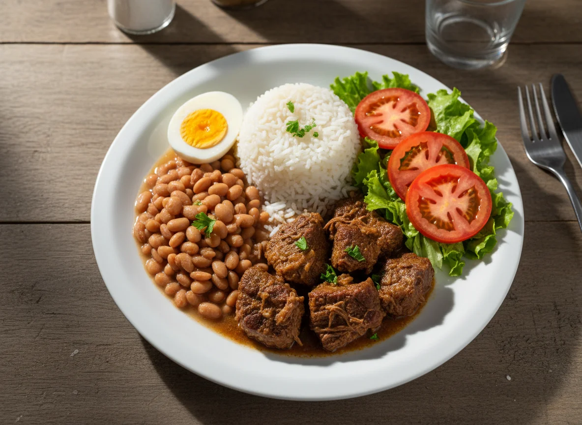 Prato feito com carne, arroz, feijão, ovo e salada photo