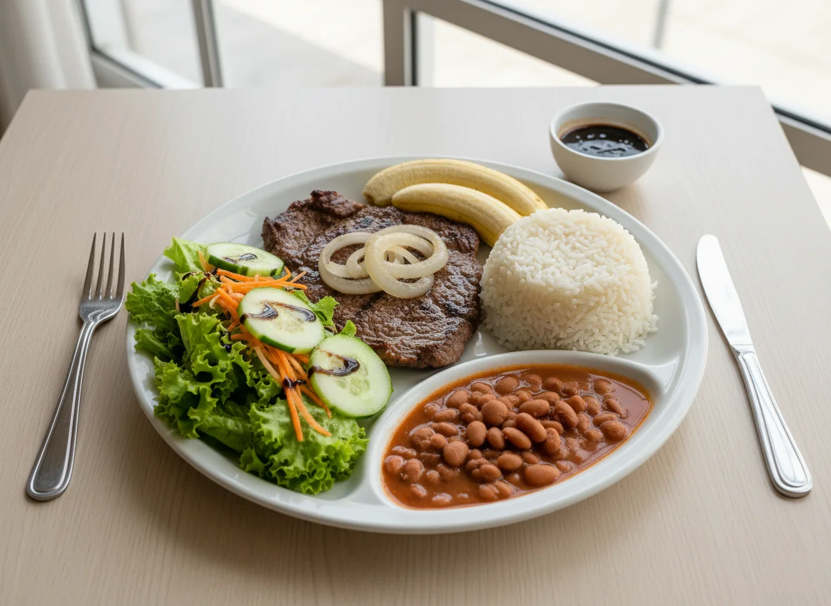 Prato feito com carne, arroz, feijão, salada e banana photo