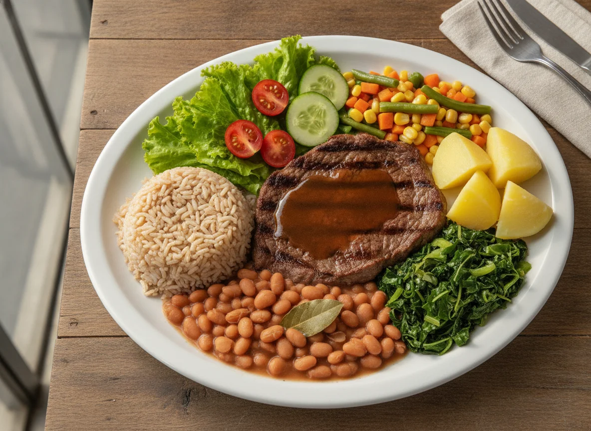 Prato Feito com Carne, Arroz Integral, Feijão e Saladas photo