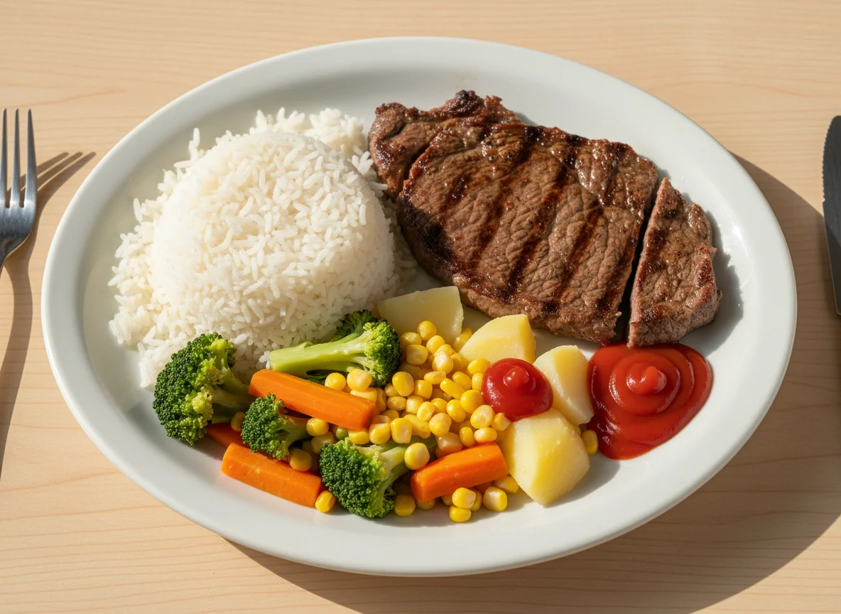 Prato feito com carne, arroz, legumes e ketchup photo