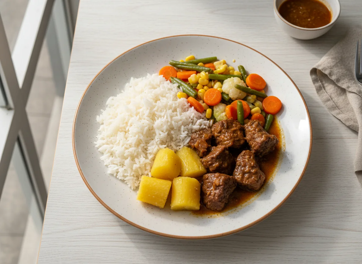 Prato feito com carne, arroz, legumes e mandioca photo