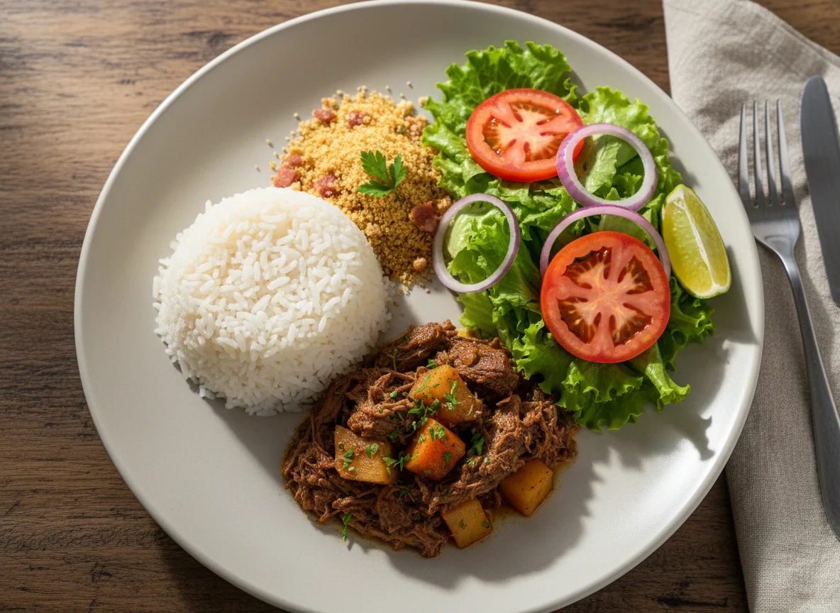 Prato feito com carne, arroz, legumes e salada photo