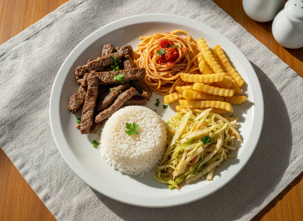 Prato feito com carne, arroz, macarrão, batata frita e repolho refogado photo