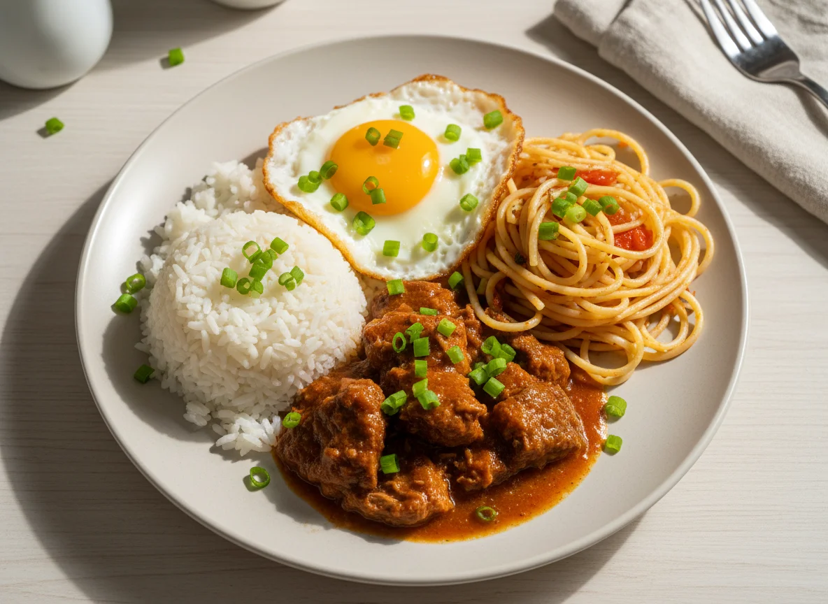 Prato feito com carne, arroz, macarrão e ovo frito photo