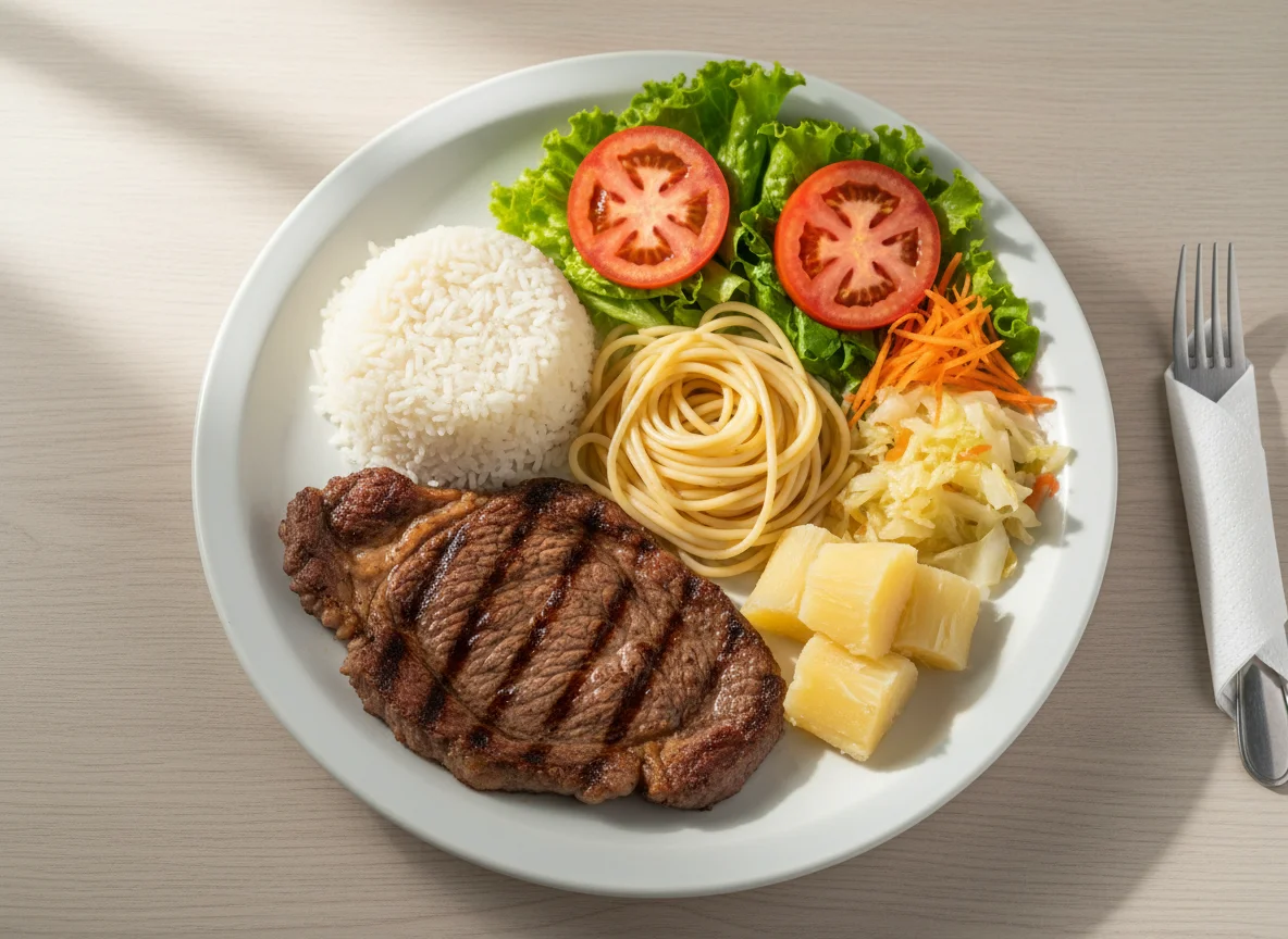 Prato feito com carne, arroz, macarrão e salada photo