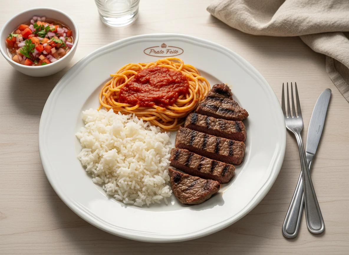 Prato feito com carne, arroz, macarrão e vinagrete photo