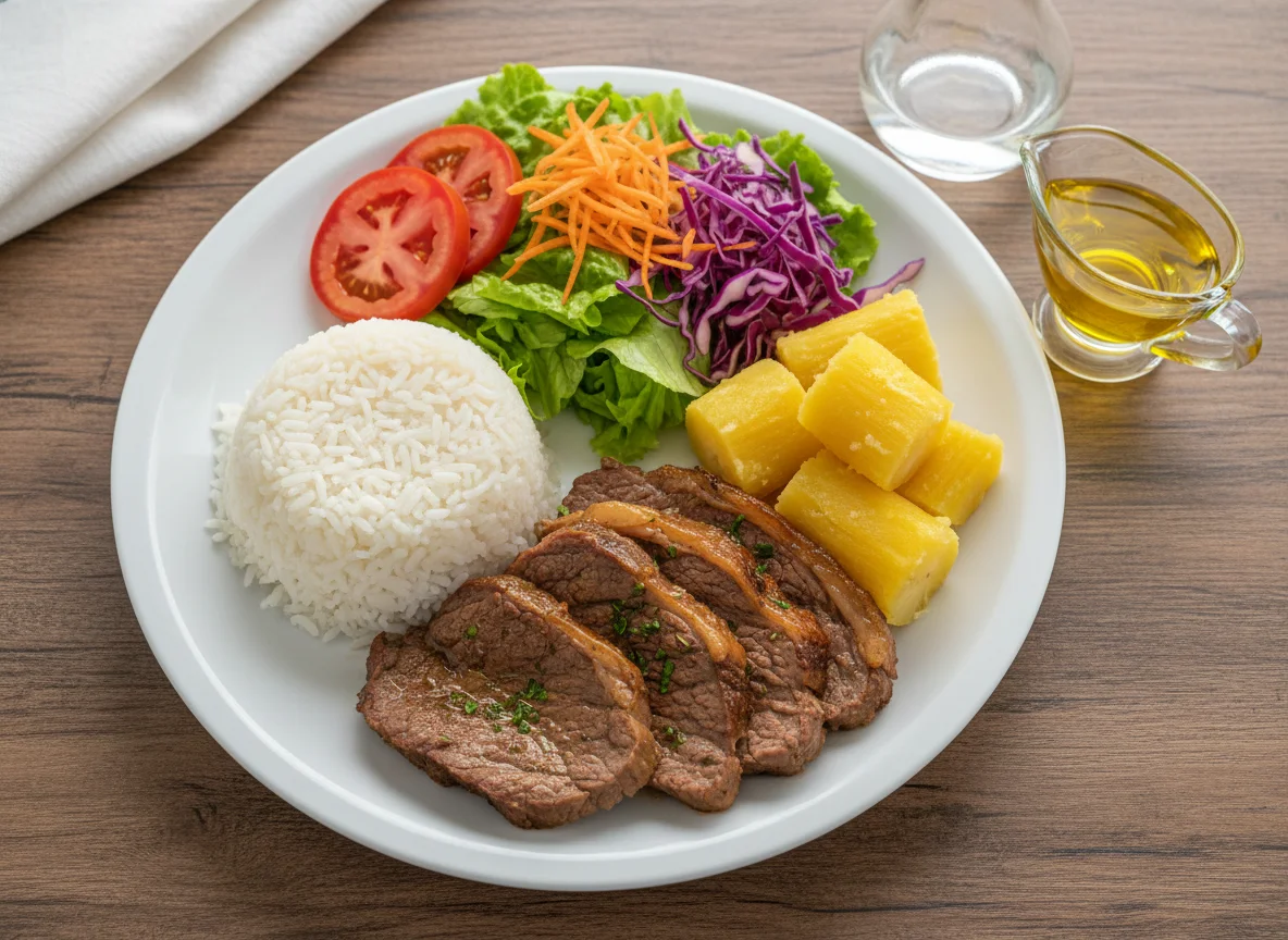 Prato feito com carne, arroz, mandioca e salada photo