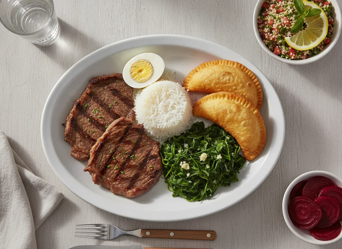 Prato Feito com Carne, Arroz, Ovo e Acompanhamentos photo