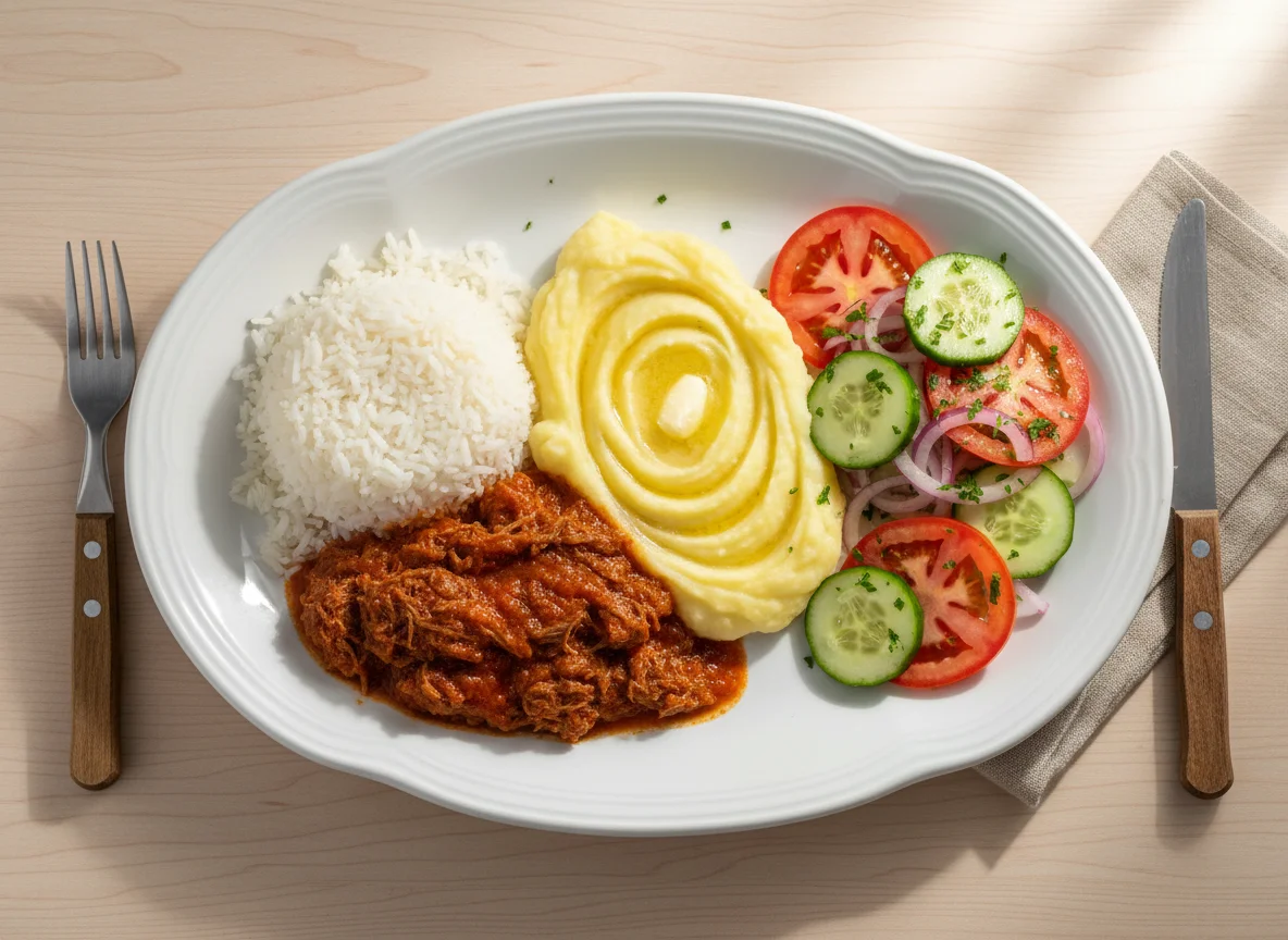 Prato feito com carne, arroz, purê e salada photo