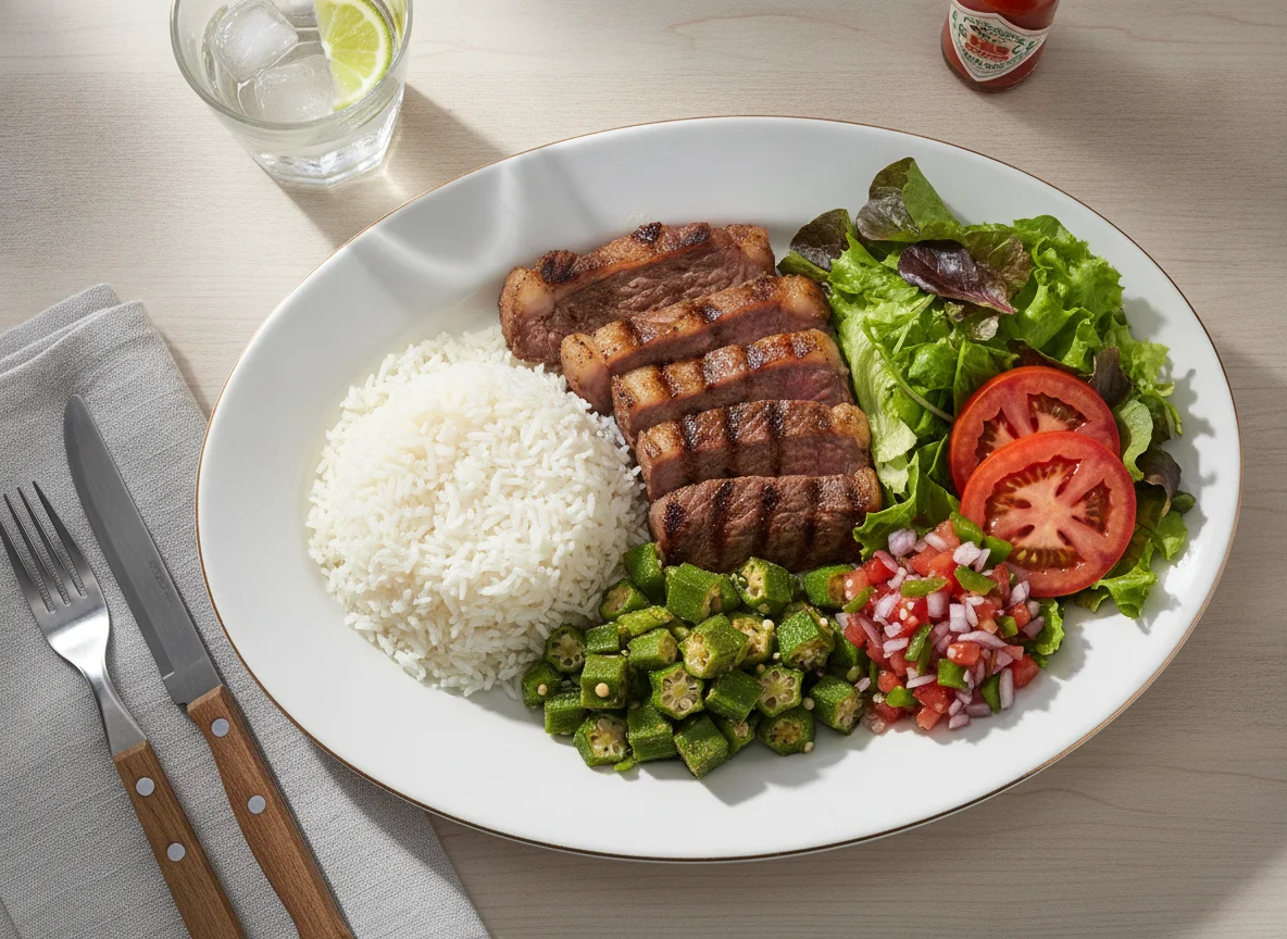 Prato Feito com Carne, Arroz, Quiabo e Salada photo