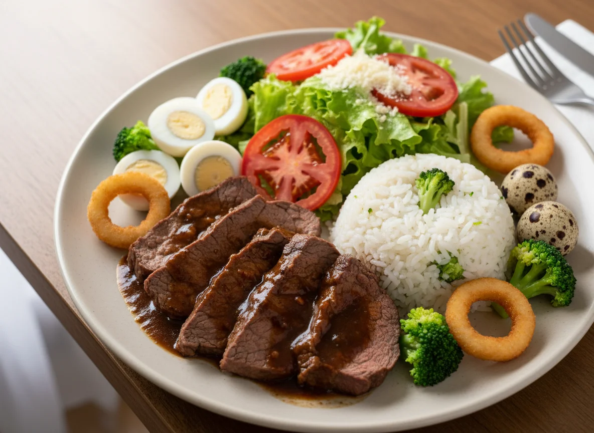 Prato feito com carne, arroz, salada e acompanhamentos photo