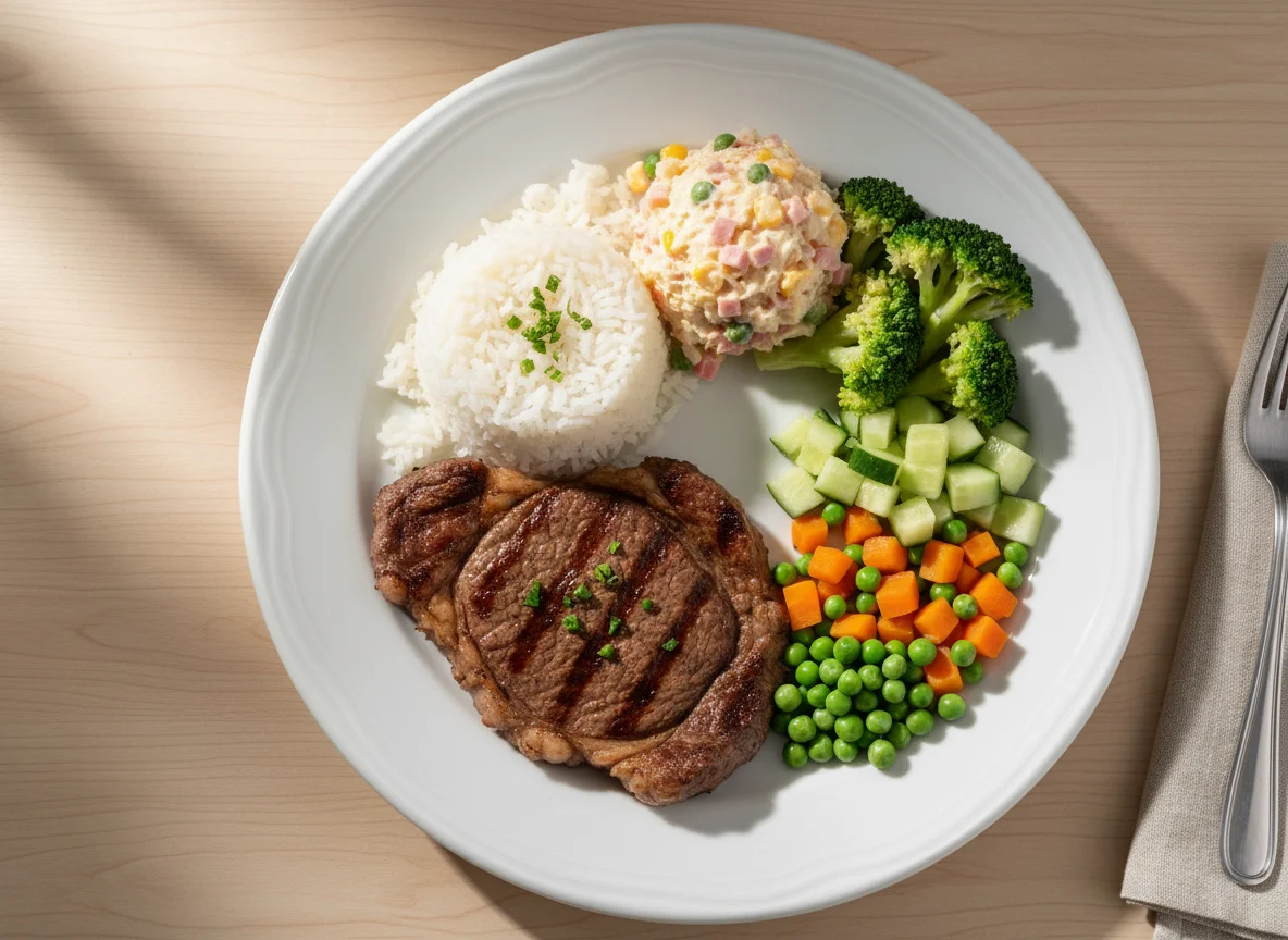 Prato feito com carne, arroz, salada e legumes photo