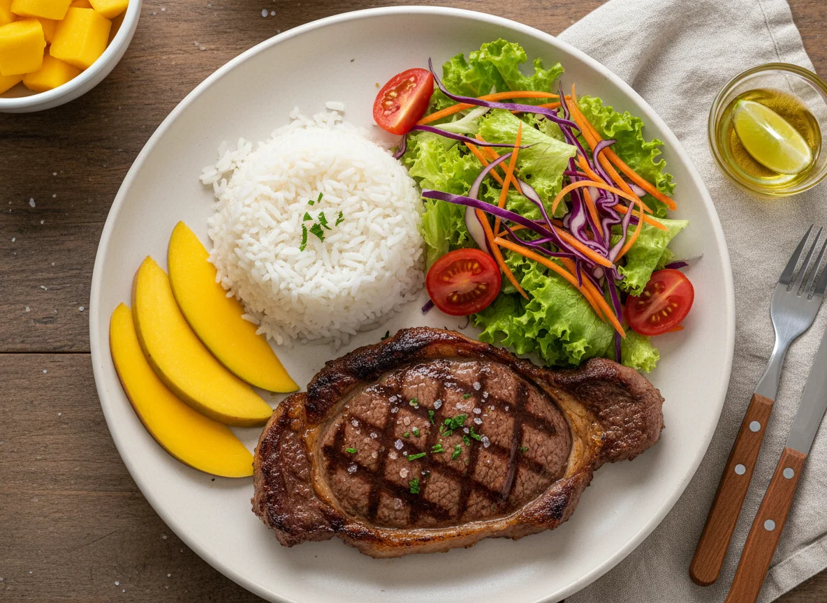 Prato feito com carne, arroz, salada e manga photo