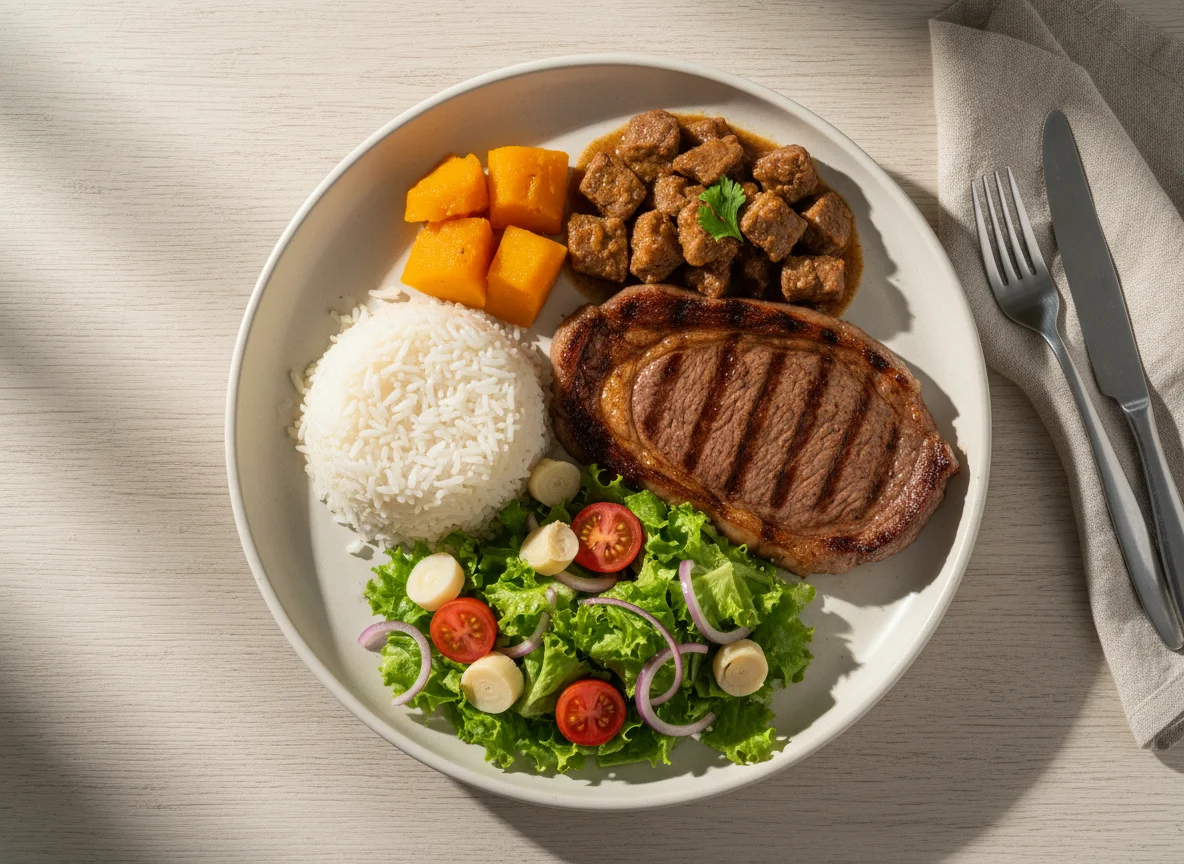 Prato feito com carne, arroz, salada e palmito photo