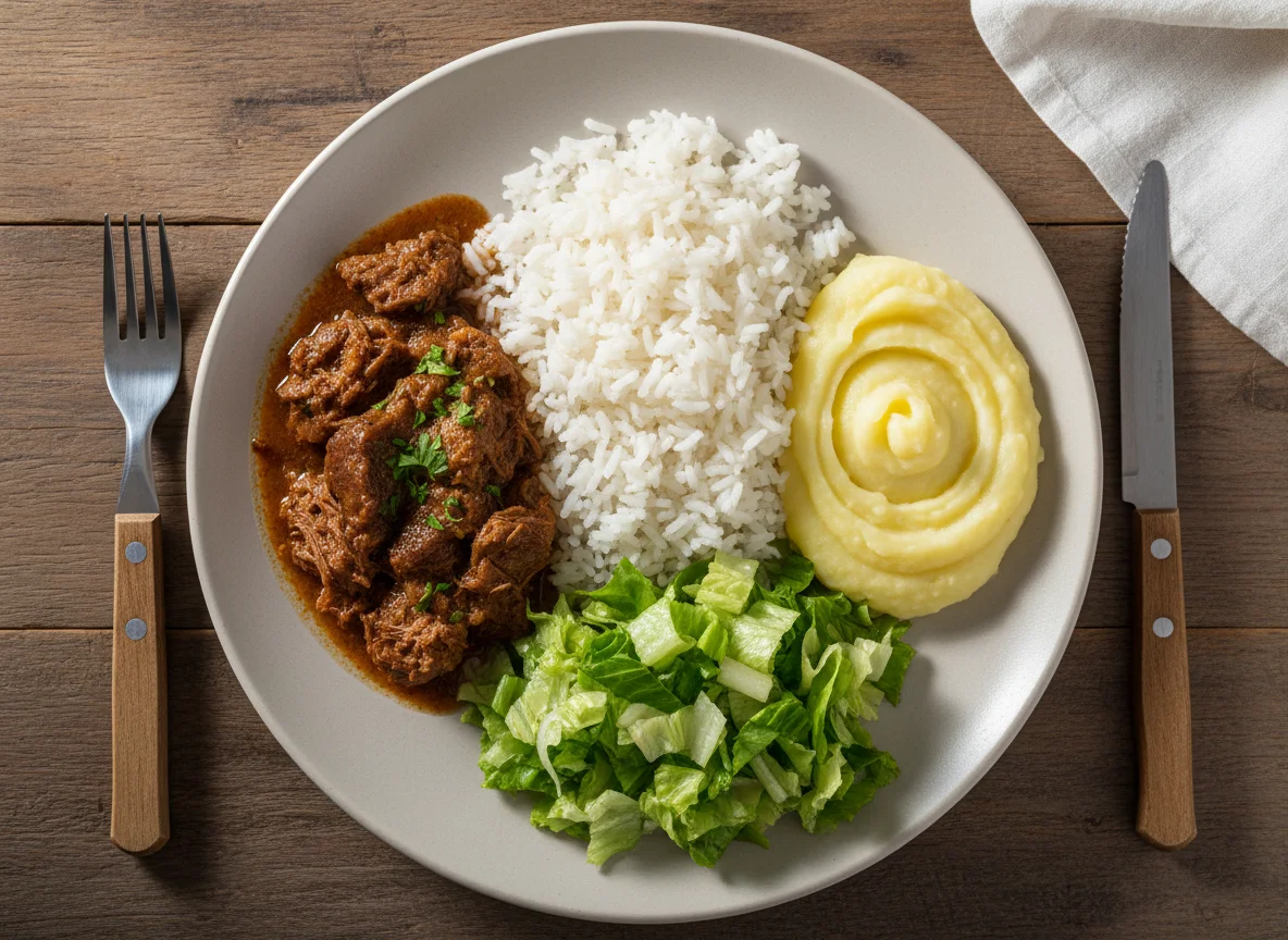 Prato feito com carne, arroz, salada e purê photo