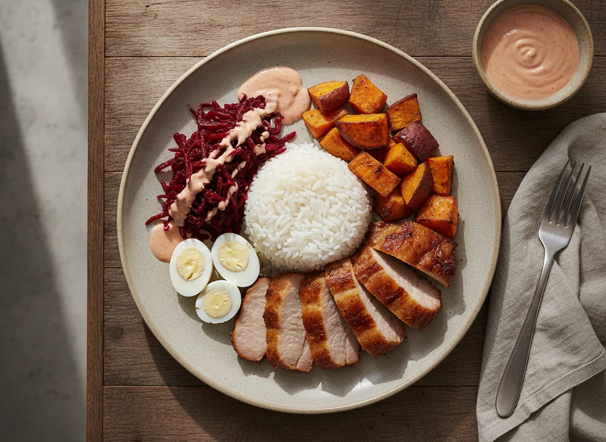 Prato feito com carne assada, arroz, batata doce, beterraba e ovo de codorna photo