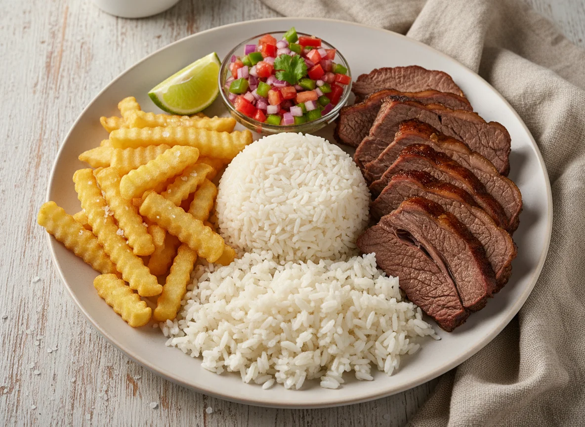 Prato feito com carne assada, arroz, batata frita e vinagrete photo
