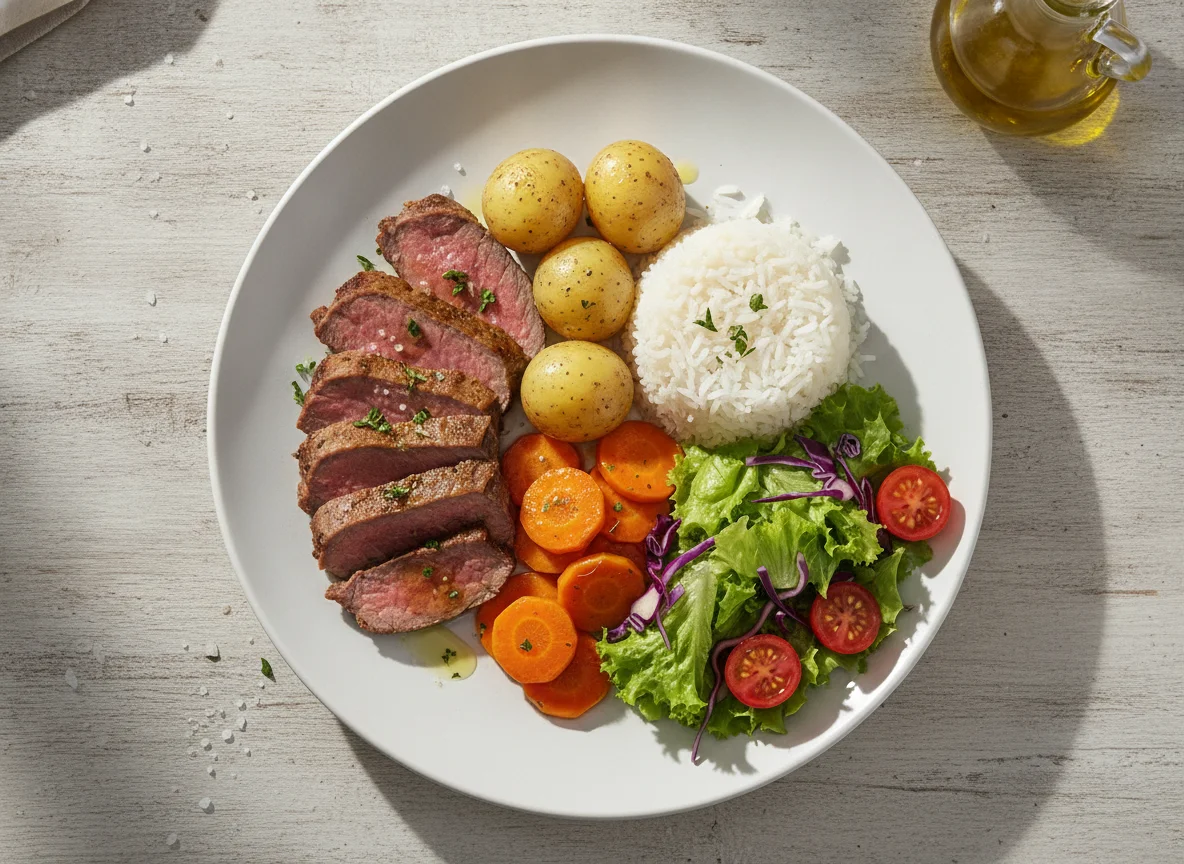 Prato feito com carne assada, arroz, cenoura e salada photo
