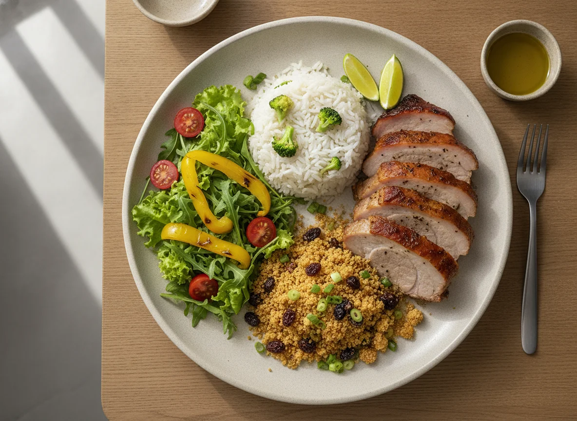 Prato feito com carne assada, arroz com brócolis, farofa e salada photo