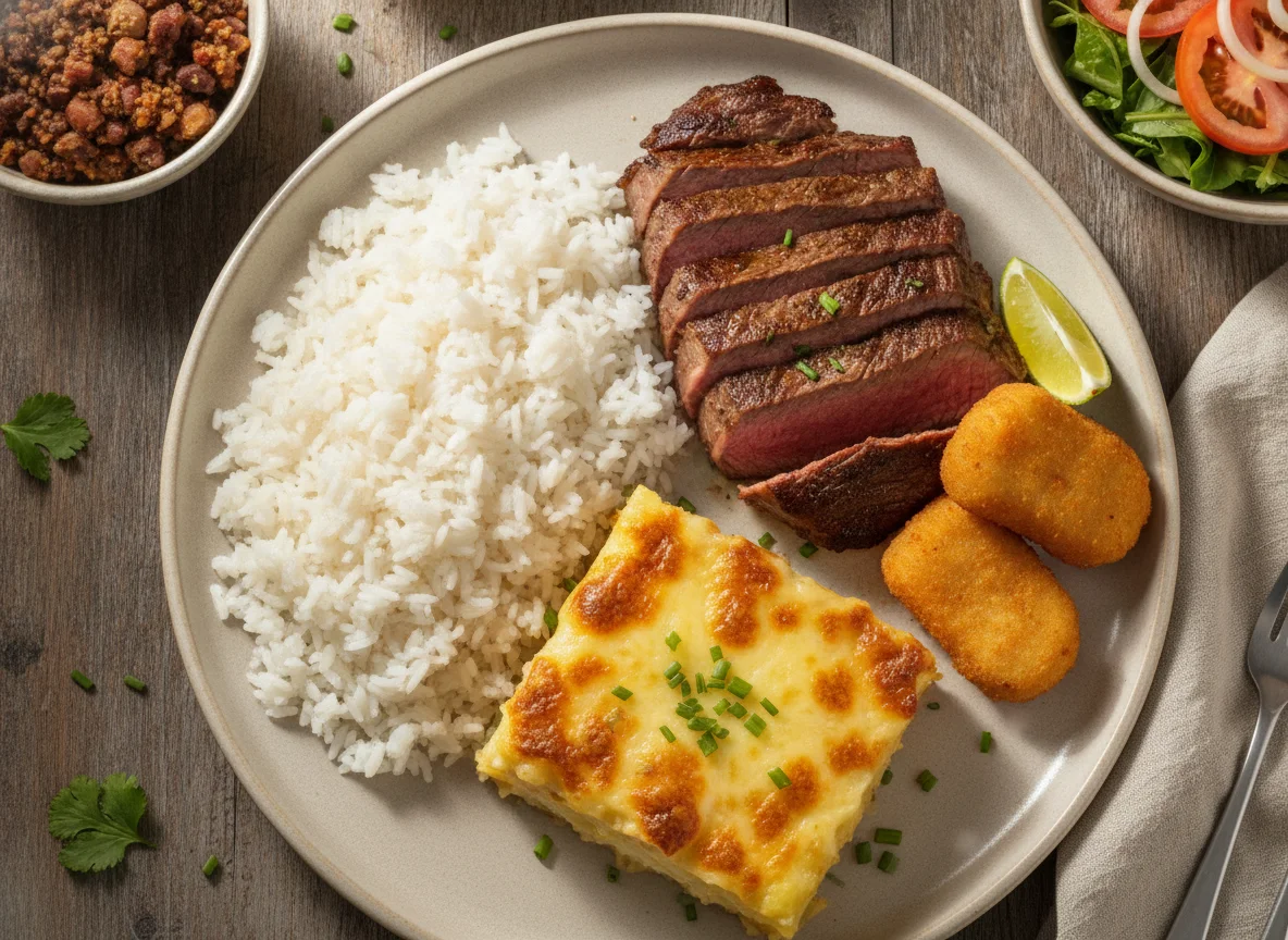Prato feito com carne assada, arroz e acompanhamentos photo