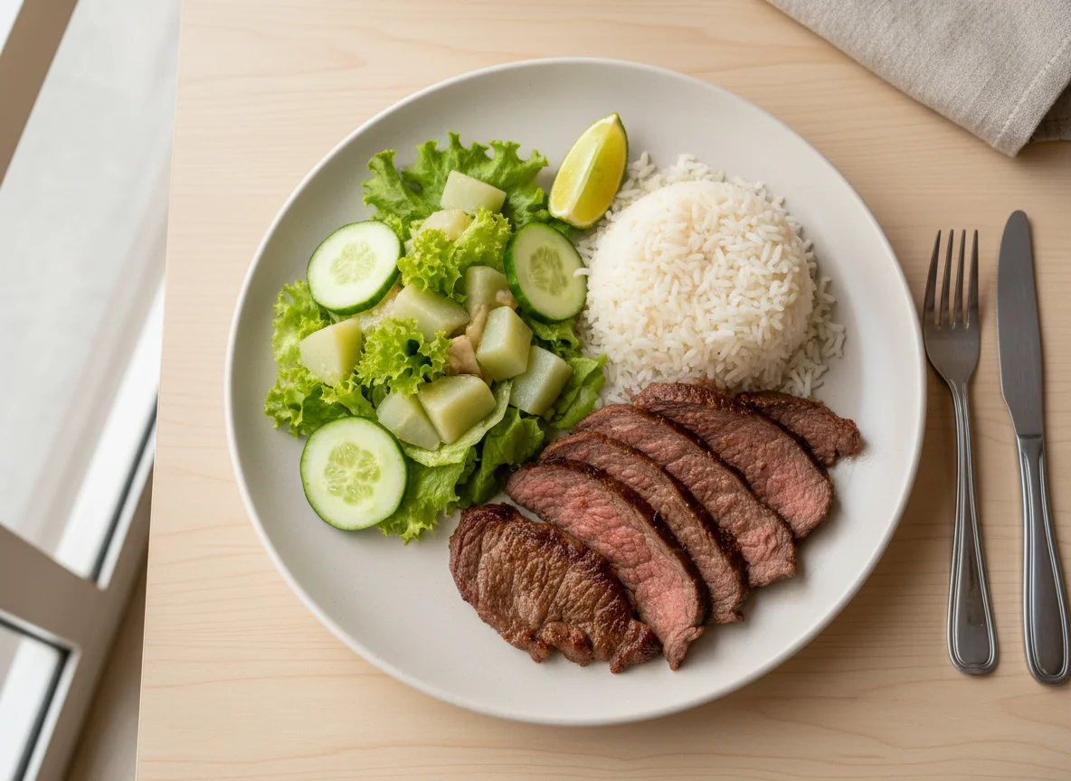 Prato feito com carne assada, arroz e salada photo