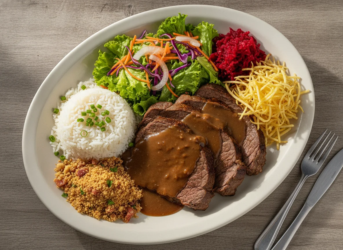 Prato Feito com Carne Assada, Arroz, Farofa, Batata Palha e Salada photo