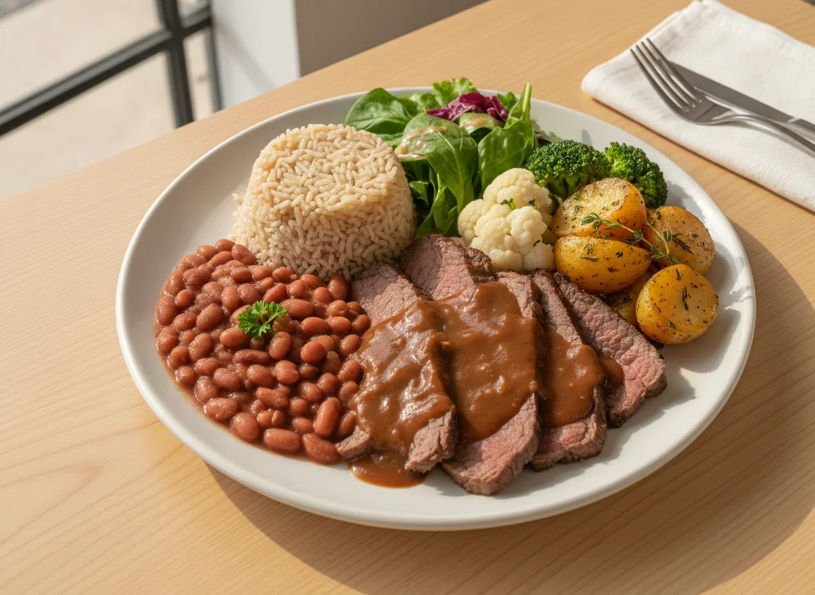 Prato feito com carne assada, arroz, feijão, batatas e salada photo