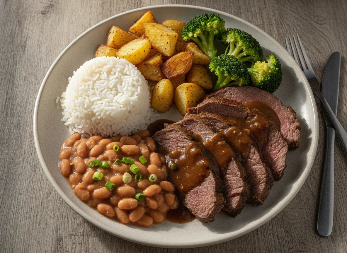 Prato feito com carne assada, arroz, feijão, brócolis e batata na airfryer photo