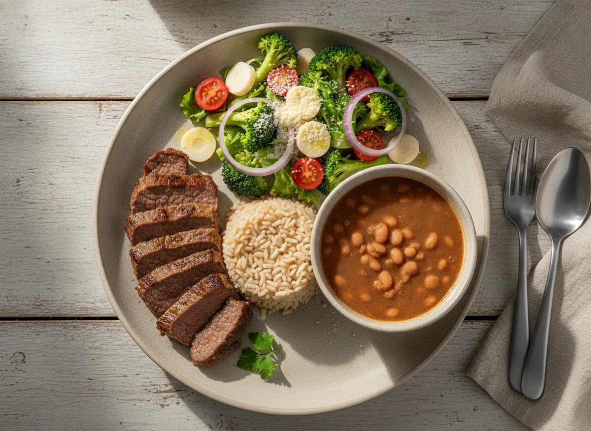 Prato feito com carne assada, arroz, feijão e salada photo
