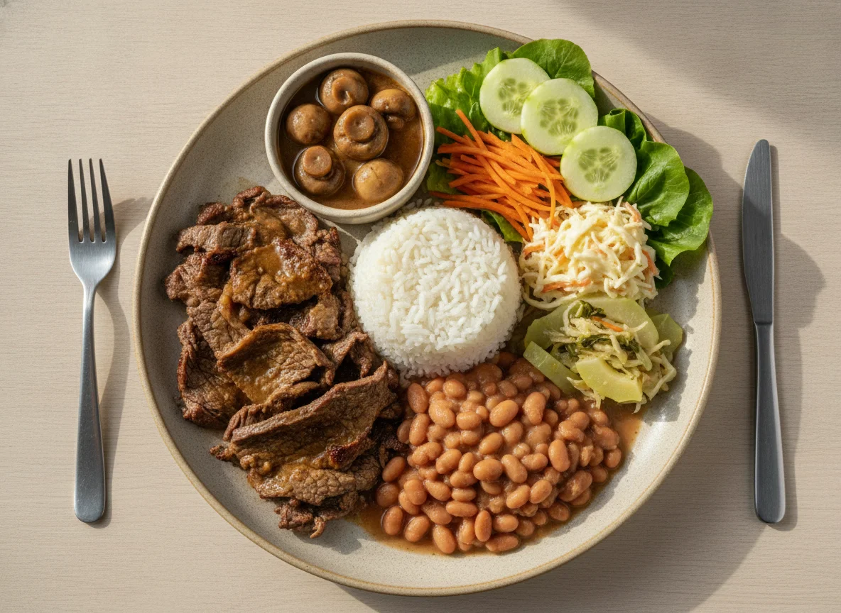 Prato Feito com Carne Assada, Arroz, Feijão e Saladas photo