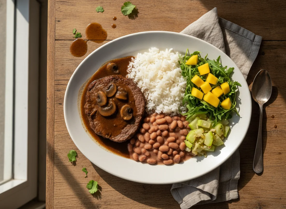 Prato Feito com Carne Assada, Arroz, Feijão, Salada de Rúcula com Manga e Chuchu photo