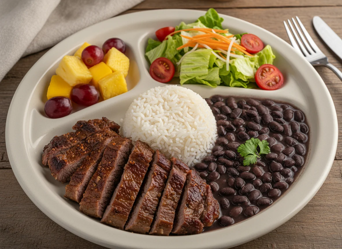 Prato feito com carne assada, arroz, feijão, salada e frutas photo